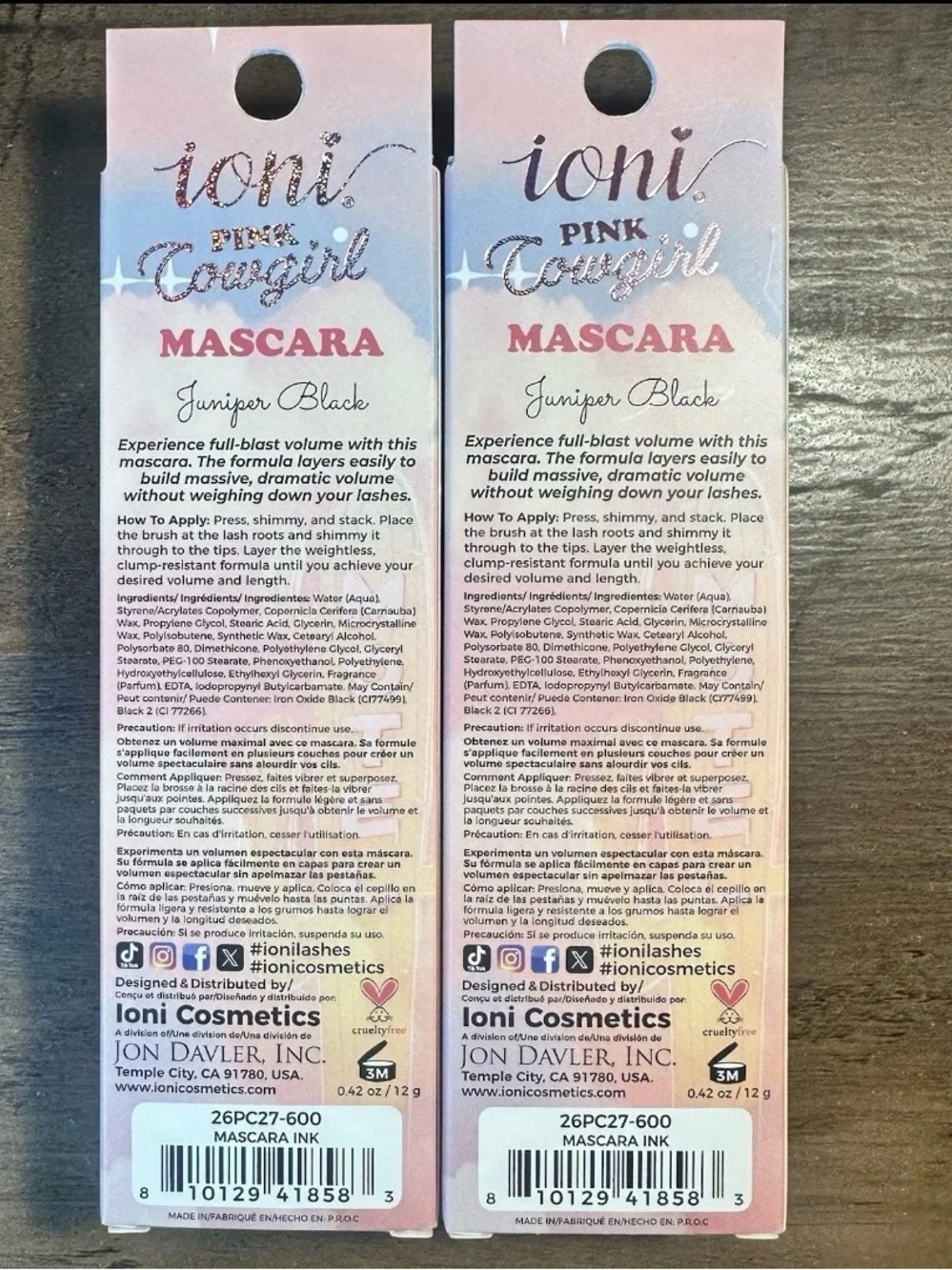 Ioni Pink Cowgirl 2pc Mascara ~Juniper Black ~ Volumizing Long Wearing Vegan New